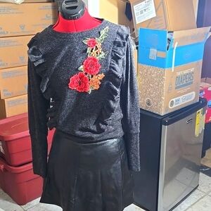 Sweet Rain Heather Gray Sweater with Ruffles and Floral Applique